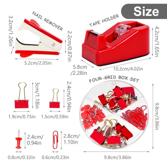 Red Office Stationery Set - Stapler, Staple Remover, Ruler & Tape, Factory Supply