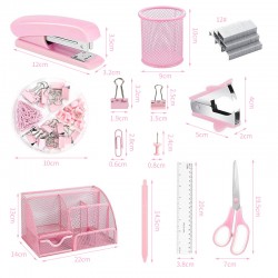 Direct Supply Pink Stationery Set - 7-Grid Round Pen Holder, Stapler, Scissors, Staple Remover & Ruler Office Combo